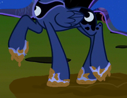 Size: 402x311 | Tagged: safe, artist:thedarkpony, edit, edited screencap, screencap, princess luna, alicorn, pony, female, hoof shoes, hooves, legs, mare, mud, mud edit, muddy, pictures of legs, raised hoof, raised leg, solo