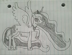 Size: 889x685 | Tagged: safe, artist:burnsy, princess luna, alicorn, pony, female, lined paper, looking at you, mare, monochrome, raised hoof, signature, solo, spread wings, traditional art, wings