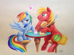 Size: 600x450 | Tagged: safe, artist:zene, derpibooru import, big macintosh, rainbow dash, earth pony, pegasus, pony, blushing, cupcake, date, male, rainbowmac, shipping, sitting, stallion, straight, traditional art, watermark