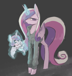 Size: 1470x1552 | Tagged: safe, artist:kisynya193, princess cadance, princess flurry heart, alicorn, pony, clothes, female, filly, glowing horn, hoodie, looking at you, magic, mare, mother and child, mother and daughter, parent and child, smoking, solo, telekinesis