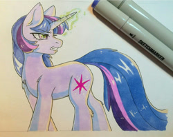 Size: 1280x1019 | Tagged: safe, artist:fensu-san, twilight sparkle, angry, fluffy, frown, glare, glowing eyes, glowing horn, gritted teeth, looking back, magic, nose wrinkle, solo, traditional art