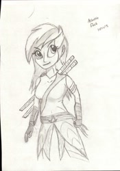 Size: 1684x2400 | Tagged: safe, artist:gapeagle, derpibooru import, rainbow dash, human, assassin's creed, humanized, monochrome, pencil drawing, sketch, solo, traditional art