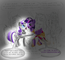 Size: 2466x2311 | Tagged: safe, artist:jac59col, night light, princess cadance, shining armor, spike, twilight sparkle, twilight sparkle (alicorn), twilight velvet, alicorn, dragon, pony, unicorn, clothes, comic, coronation dress, crying, dress, female, incomplete, liquid pride, male, mare, partial color, stallion, tears of joy