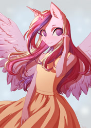 Size: 905x1280 | Tagged: safe, artist:glorious-rarien, princess cadance, alicorn, anthro, clothes, dress, female, looking at you, mare, simple background, smiling, solo, wings