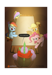 Size: 3541x5016 | Tagged: safe, artist:gashiboka, derpibooru import, applejack, pinkie pie, rainbow dash, spike, oc, oc:gold lily, dragon, earth pony, pegasus, pony, unicorn, comic:recall the time of no return, comic, older, older spike, patreon, patreon logo, sad