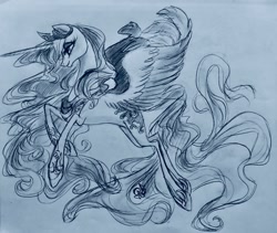 Size: 1280x1081 | Tagged: safe, artist:candasaurus, princess luna, alicorn, pony, blue, blue background, female, ink drawing, mare, monochrome, simple background, smiling, solo, traditional art