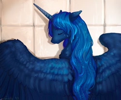 Size: 983x813 | Tagged: safe, artist:lusille, princess luna, alicorn, pony, fanfic:moon rise, bathroom, bathtub, beautiful, cute, eyes closed, fanfic, fanfic art, female, mare, smiling, solo, spread wings, wet mane, wings