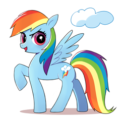 Size: 1000x1000 | Tagged: safe, artist:9seconds, derpibooru import, rainbow dash, pegasus, pony, backwards cutie mark, cloud, female, looking at you, mare, raised hoof, simple background, smiling, solo, spread wings, white background