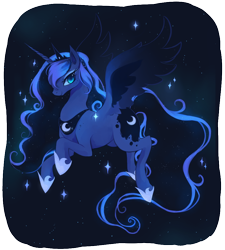 Size: 848x942 | Tagged: safe, artist:artghst, princess luna, alicorn, pony, female, flying, looking at you, mare, smiling, solo, space, spread wings, wings