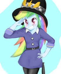 Size: 1000x1200 | Tagged: safe, artist:fromamida, derpibooru import, rainbow dash, equestria girls, friendship games, clothes, cute, female, hat, long hair, looking at you, police uniform, rozzer dash, salute, smiling, solo