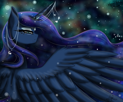 Size: 2400x2000 | Tagged: safe, artist:minelvi, artist:scarletsfeed, princess luna, alicorn, pony, collaboration, female, horn jewelry, jewelry, mare, solo, spread wings, wings