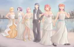 Size: 1425x900 | Tagged: safe, artist:ninjaham, applejack, fluttershy, pinkie pie, rainbow dash, rarity, shining armor, human, series:my little shining, alternate universe, clothes, dress, female, flutterarmor, harem, holding hands, humanized, male, marriage, polyamory, polygamy, rariarmor, shining armor gets all the mares, shiningdash, shiningjack, shiningpie, shipping, straight, suit, wedding, wedding dress