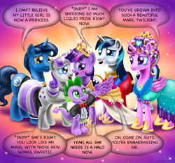 Size: 2466x2311 | Tagged: safe, artist:jac59col, night light, princess cadance, shining armor, spike, twilight sparkle, twilight sparkle (alicorn), twilight velvet, alicorn, dragon, pony, unicorn, magical mystery cure, big crown thingy, clothes, comic, coronation dress, crying, dress, element of magic, jewelry, liquid pride, regalia, tears of joy