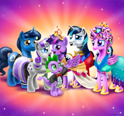 Size: 2466x2311 | Tagged: safe, alternate version, artist:jac59col, night light, princess cadance, shining armor, spike, twilight sparkle, twilight sparkle (alicorn), twilight velvet, alicorn, dragon, pony, unicorn, magical mystery cure, big crown thingy, clothes, coronation dress, crying, dress, element of magic, jewelry, liquid pride, regalia, tears of joy