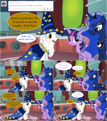 Size: 1284x1444 | Tagged: safe, artist:hakunohamikage, princess luna, star swirl the bearded, twilight sparkle, twilight sparkle (alicorn), alicorn, pony, unicorn, ask, ask-princesssparkle, magic, magic circle, tumblr, twilight's lab