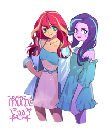 Size: 887x1034 | Tagged: safe, artist:dusty-munji, starlight glimmer, sunset shimmer, equestria girls, clothes, duo, simple background, sweat, sweatdrop, white background