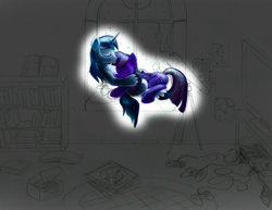 Size: 3300x2550 | Tagged: safe, artist:jac59col, shining armor, twilight sparkle, twilight sparkle (alicorn), alicorn, pony, unicorn, bbbff, book, bookshelf, canterlot, cuddling, night, playstation, room, siblings, super nintendo, television, wip