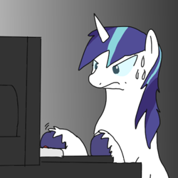 Size: 600x600 | Tagged: safe, artist:kushina13, shining armor, pony, unicorn, angry, computer, gradient background, male, reaction image, solo, stallion, sweat