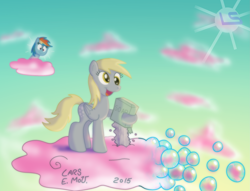 Size: 3377x2577 | Tagged: safe, artist:lars99, derpibooru import, derpy hooves, rainbow dash, pegasus, pony, bubble, cloud, cloudy, female, mare, soap