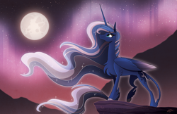 Size: 1400x906 | Tagged: safe, artist:probablyfakeblonde, princess luna, alicorn, pony, chest fluff, cloven hooves, female, full moon, leonine tail, mare, moon, night, profile, smiling, solo, unshorn fetlocks