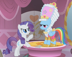 Size: 1141x899 | Tagged: safe, screencap, rainbow dash, rarity, pegasus, pony, unicorn, swarm of the century, angry, annoyed, female, mare, mare antoinette, marie antoinette, rainbow dash always dresses in style
