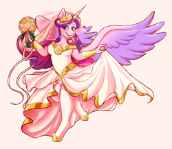 Size: 1280x1110 | Tagged: safe, artist:androgynousgarbage, princess cadance, alicorn, anthro, unguligrade anthro, bouquet, bride, clothes, dress, female, mare, simple background, smiling, socks, spread wings, stockings, thigh highs, wedding dress, wings