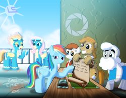 Size: 4141x3238 | Tagged: safe, artist:lars99, derpibooru import, fluttershy, rainbow dash, spitfire, pegasus, pony, absurd resolution, caroline, cave johnson, contract, dr. light, goggles, looking back, megaman, open mouth, ponified, portal (valve), portal 2, raised hoof, replaced, sad, signature, table, talking, this will end in tears, wonderbolts uniform, wondershy