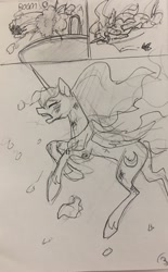 Size: 792x1280 | Tagged: safe, artist:candasaurus, princess luna, alicorn, pony, comic, explosion, injured, monochrome, sketch, traditional art