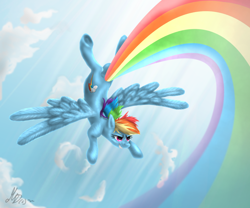 Size: 1200x1000 | Tagged: safe, artist:gonedreamer, rainbow dash, pegasus, pony, flying, rainbow, solo, trail