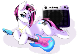 Size: 1280x909 | Tagged: safe, artist:fatcakes, oc, oc only, pony, unicorn, amplifier, guitar, jewelry, lidded eyes, necklace, solo