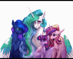 Size: 2000x1600 | Tagged: safe, artist:rossignolet, princess cadance, princess celestia, princess luna, twilight sparkle, twilight sparkle (alicorn), alicorn, pony, female, looking at each other, looking at you, mare, princess, simple background, size difference, smiling, white background