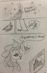 Size: 823x1280 | Tagged: safe, artist:candasaurus, princess luna, twilight sparkle, twilight sparkle (alicorn), alicorn, pony, comic, corrupted, dialogue, magic, monochrome, sketch, telekinesis, traditional art, tyrant sparkle