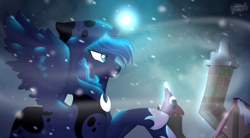 Size: 2608x1441 | Tagged: safe, artist:toodlededoo, artist:weightlessbones, princess luna, alicorn, pony, a hearth's warming tail, cloak, clothes, female, mare, snow, snowfall, solo, spirit of hearth's warming yet to come