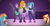 Size: 1366x720 | Tagged: safe, artist:amber flicker, derpibooru import, adagio dazzle, aria blaze, rainbow dash, sonata dusk, sunset shimmer, equestria girls, alternate costumes, alternate hairstyle, belly button, boots, clothes, cover art, drumsticks, guitar, midriff, off shoulder, stage, the dazzlings