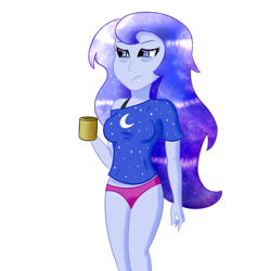 Size: 2000x2000 | Tagged: safe, artist:xethshade, princess luna, vice principal luna, equestria girls, bra, bra strap, clothes, mug, off shoulder, panties, pink underwear, shirt, underwear