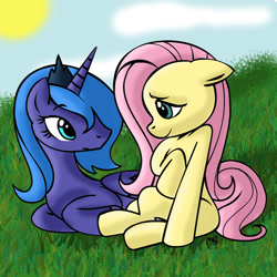 Size: 1181x1181 | Tagged: safe, artist:mast88, artist:megasweet, fluttershy, princess luna, alicorn, pegasus, pony, artifact, female, floppy ears, lesbian, looking at each other, lunashy, mare, s1 luna, shipping, sitting, smiling