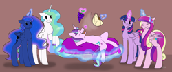 Size: 7292x3056 | Tagged: safe, artist:ggchristian, princess cadance, princess celestia, princess luna, starlight glimmer, twilight sparkle, twilight sparkle (alicorn), alicorn, pony, alicorn tetrarchy, fan, food, grapes, magic, pillow