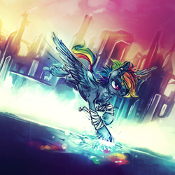 Size: 800x800 | Tagged: safe, artist:syntactics, rainbow dash, pegasus, pony, blue coat, female, fractured loyalty, mare, multicolored mane, solo