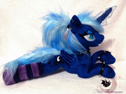 Size: 2048x1536 | Tagged: safe, artist:legadema, princess luna, alicorn, pony, choker, clothes, ear piercing, earring, fangs, female, folded wings, goth, irl, jewelry, lidded eyes, mare, missing accessory, photo, piercing, plushie, ponytail, prone, socks, solo, spiked choker, spiked wristband, striped socks, wing piercing, wristband
