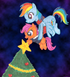 Size: 1608x1773 | Tagged: safe, artist:catscratchpaper, rainbow dash, scootaloo, pegasus, pony, christmas, christmas star, christmas tree, holding a pony, holiday, scootalove, stars, tree