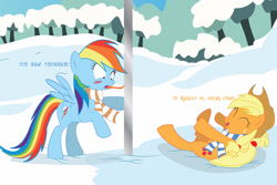 Size: 1024x683 | Tagged: safe, artist:dr-whiskey, derpibooru import, applejack, rainbow dash, earth pony, pegasus, pony, a christmas story, applejerk, clothes, laughing, lisp, scarf, snow, tongue stuck to pole