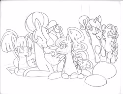 Size: 3302x2541 | Tagged: safe, artist:zeldink144, princess cadance, princess celestia, princess luna, starlight glimmer, twilight sparkle, twilight sparkle (alicorn), alicorn, pony, unicorn, alternate hairstyle, monochrome, traditional art