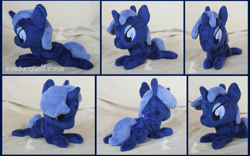 Size: 1600x1000 | Tagged: safe, artist:emberfallplush, princess luna, alicorn, pony, beanie (plushie), female, folded wings, irl, mare, missing accessory, photo, plushie, prone, s1 luna, solo