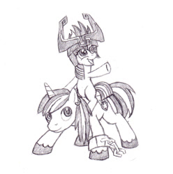 Size: 1232x1240 | Tagged: safe, artist:rmcfarland3, shining armor, twilight sparkle, pony, unicorn, bbbff, blank flank, brother and sister, colt, colt shining armor, duo, female, filly, filly twilight sparkle, grayscale, helmet, male, midna, monochrome, name pun, pencil drawing, ponies riding ponies, riding, shackles, siblings, simple background, sketch, the legend of zelda, the legend of zelda: twilight princess, traditional art, white background, wolf link, younger