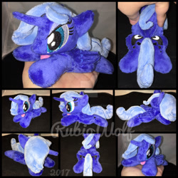 Size: 1600x1600 | Tagged: safe, artist:rubiowolf, princess luna, alicorn, pony, beanie (plushie), female, folded wings, hand, irl, mare, missing accessory, photo, plushie, prone, s1 luna, solo, tongue out