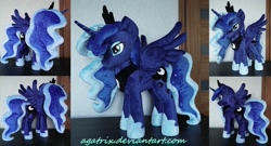 Size: 1280x689 | Tagged: safe, artist:agatrix, princess luna, alicorn, pony, female, irl, jewelry, mare, photo, plushie, regalia, solo, spread wings, wings