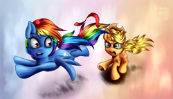 Size: 3500x2000 | Tagged: safe, artist:ferasor, derpibooru import, applejack, rainbow dash, earth pony, pegasus, pony, chase, hairband