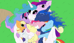 Size: 5400x3162 | Tagged: safe, artist:firefanatic, applejack, fluttershy, pinkie pie, princess cadance, princess celestia, princess luna, rainbow dash, rarity, twilight sparkle, twilight sparkle (alicorn), alicorn, earth pony, pegasus, pony, unicorn, constellation, constellation freckles, cuddle puddle, cuddling, cute, fluffy, freckles, group hug, hug, mane six, missing accessory, pony pile