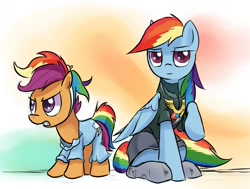 Size: 1471x1112 | Tagged: safe, artist:gsphere, rainbow dash, scootaloo, pegasus, pony, clothes, costume, torn clothes