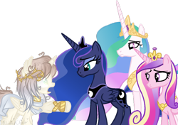 Size: 1024x720 | Tagged: safe, artist:maddieinchina, princess cadance, princess celestia, princess luna, oc, oc:dianthe, alicorn, pony, clothes, dress, female, mare, simple background, transparent background